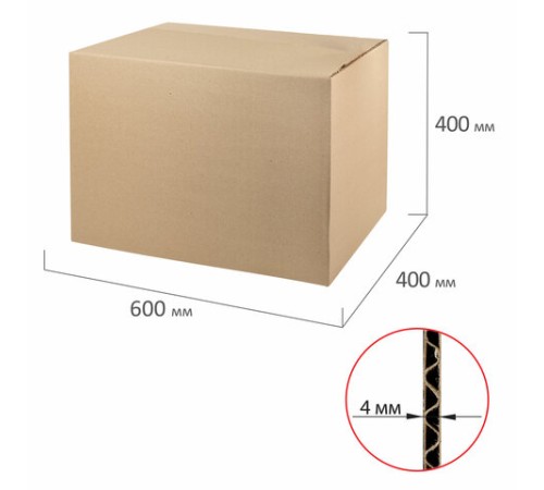 Гофрокороб, длина 600 мм х ширина 400 мм х высота 400 мм, марка Т22, профиль С, FEFCO 0201 / ГОСТ, исполнение А, 440053