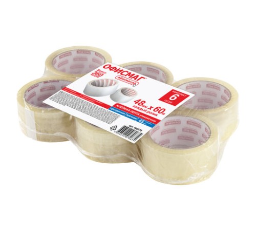 Клейкие ленты упаковочные, 48 мм х 60 м, КОМПЛЕКТ 6 шт., прозрачные, толщина 45 микрон, ОФИСМАГ, 440070