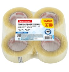 Клейкие ленты упаковочные, 48 мм х 200 м, КОМПЛЕКТ 4 шт., прозрачные, толщина 45 микрон, BRAUBERG, 440078