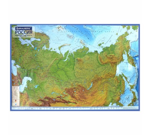 Карта России физическая 116х80 см, 1:7,5М, с ламинацией, интерактивная, европодвес, BRAUBERG, 112393