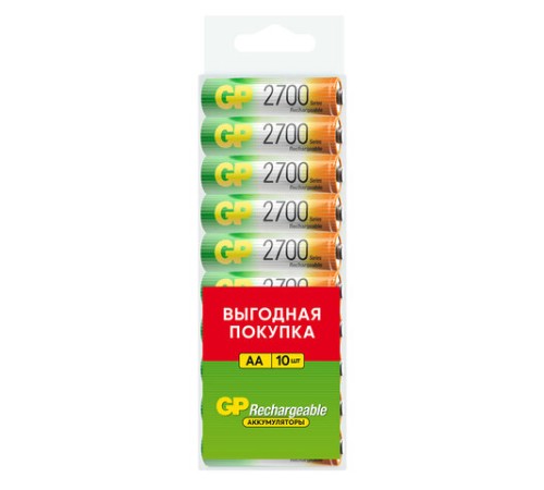 Батарейки аккумуляторные GP, АА (HR6), Ni-Mh, 2650 mAh, 10 шт, пластиковый бокс, 270AAHC-CRB10 Батарейки аккумуляторные GP, АА (HR6), Ni-Mh, 2650 mAh, 10 шт, пластиковый бокс, 270AAHC-CRB10