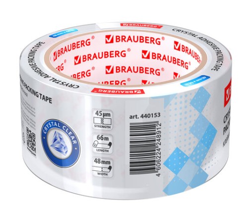 Клейкая лента упаковочная 48 мм х 66 м КРИСТАЛЬНАЯ, индивидуальная упаковка, толщина 45 микрон, BRAUBERG, 440153