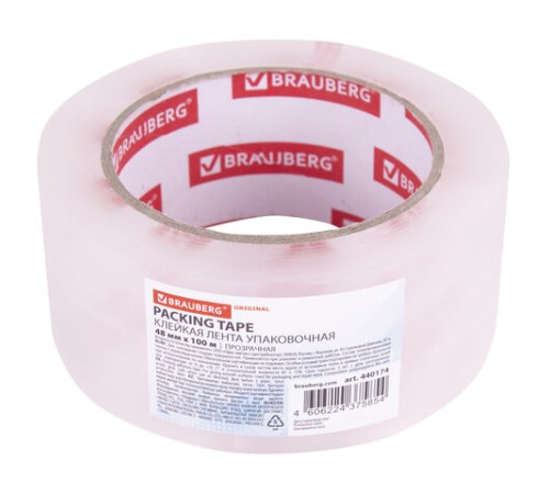 Клейкая лента упаковочная 48 мм х 100 м, прозрачная, толщина 45 микрон, BRAUBERG ORIGINAL, 440174