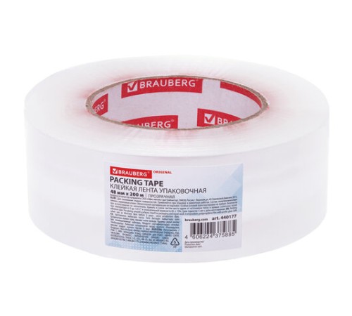 Клейкая лента упаковочная 48 мм х 200 м, прозрачная, толщина 45 микрон, BRAUBERG ORIGINAL, 440177