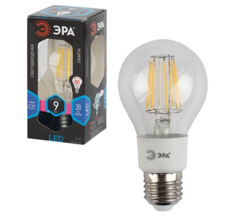 Лампа светодиодная филаментная ЭРА, 9 (80) Вт, цоколь E27, груша, холодный белый свет, 30000 ч., F-LED А60-9w-840-E27
