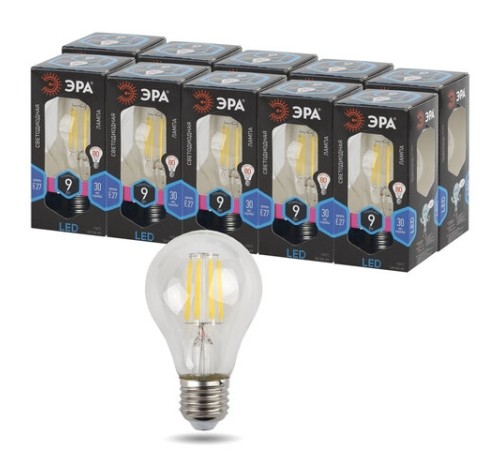 Лампа светодиодная филаментная ЭРА, 9 (80) Вт, цоколь E27, груша, холодный белый свет, 30000 ч., F-LED А60-9w-840-E27