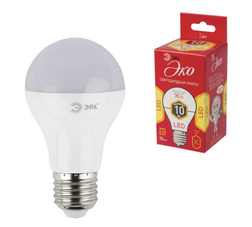 Лампа светодиодная ЭРА RED LINE, 10 (70) Вт, цоколь E27, груша, теплый белый свет, 30000 ч., LED A60-10W-827-E27 R, Б0049634