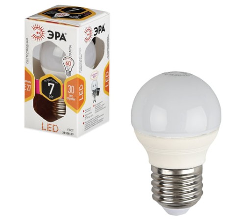 Лампа светодиодная ЭРА STD, 7 (60) Вт, цоколь E27, шар, теплый белый свет, 30000 ч., LED P45-7W-827-E27, Б0020550