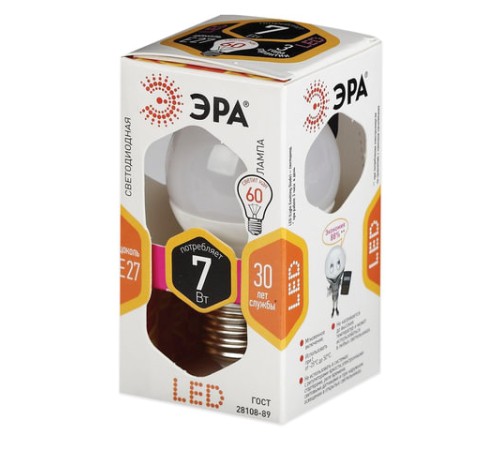 Лампа светодиодная ЭРА STD, 7 (60) Вт, цоколь E27, шар, теплый белый свет, 30000 ч., LED P45-7W-827-E27, Б0020550