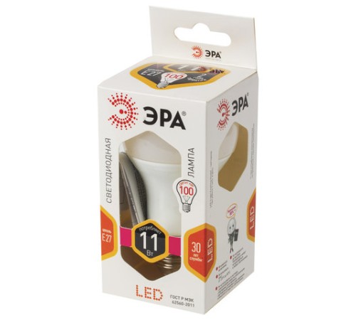 Лампа светодиодная ЭРА STD, 11 (100) Вт, цоколь E27, груша, теплый белый свет, 35000 ч., LED A60-11W-827-E27, Б0030910