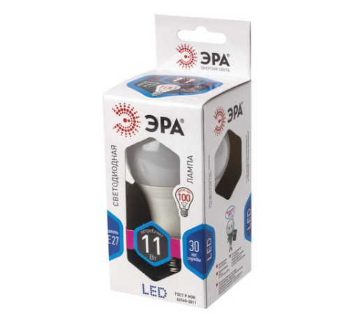 Лампа светодиодная ЭРА STD, 11 (100) Вт, цоколь E27, груша, нейтральный белый свет, 30000 ч., LED A60-11W-840-E27, Б0029821