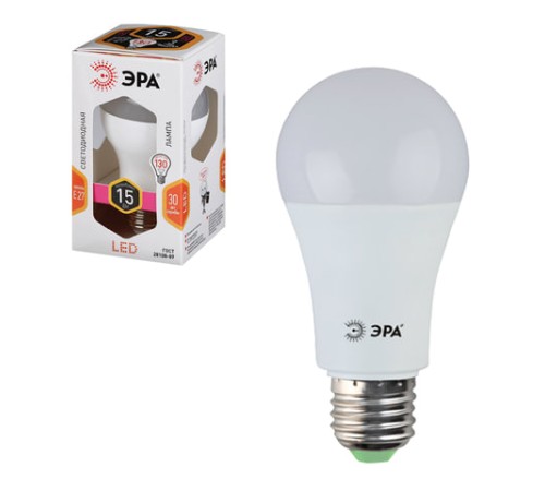 Лампа светодиодная ЭРА STD, 15 (130) Вт, цоколь E27, груша, теплый белый свет, 25000 ч., LED A60-15W-827-E27, Б0020592
