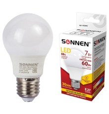 Лампа светодиодная SONNEN, 7 (60) Вт, цоколь E27, груша, теплый белый свет, 30000 ч, LED A55-7W-2700-E27, 453693