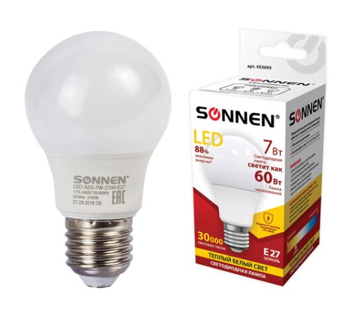Лампа светодиодная SONNEN, 7 (60) Вт, цоколь E27, груша, теплый белый свет, 30000 ч, LED A55-7W-2700-E27, 453693