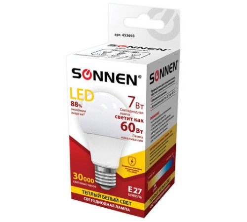Лампа светодиодная SONNEN, 7 (60) Вт, цоколь E27, груша, теплый белый свет, 30000 ч, LED A55-7W-2700-E27, 453693