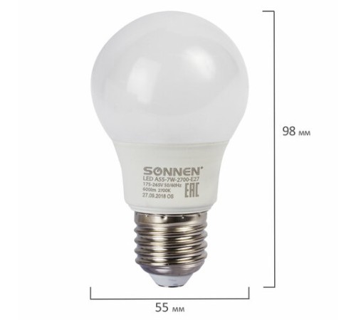 Лампа светодиодная SONNEN, 7 (60) Вт, цоколь E27, груша, теплый белый свет, 30000 ч, LED A55-7W-2700-E27, 453693