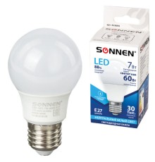 Лампа светодиодная SONNEN, 7 (60) Вт, цоколь Е27, груша, нейтральный белый свет, 30000 ч, LED A55-7W-4000-E27, 453694