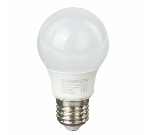 Лампа светодиодная SONNEN, 7 (60) Вт, цоколь Е27, груша, нейтральный белый свет, 30000 ч, LED A55-7W-4000-E27, 453694