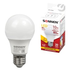 Лампа светодиодная SONNEN, 10 (85) Вт, цоколь Е27, груша, теплый белый свет, 30000 ч, LED A60-10W-2700-E27, 453695