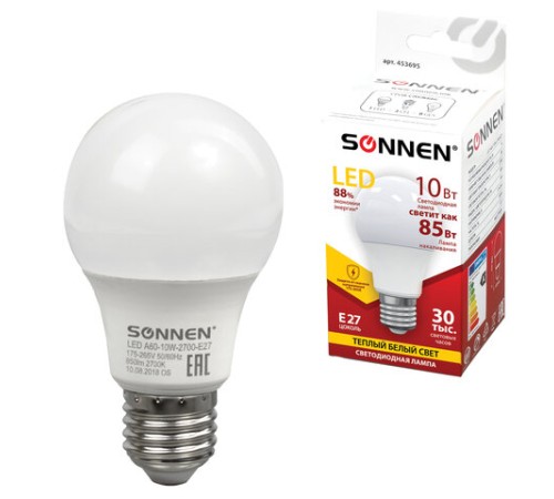 Лампа светодиодная SONNEN, 10 (85) Вт, цоколь Е27, груша, теплый белый свет, 30000 ч, LED A60-10W-2700-E27, 453695