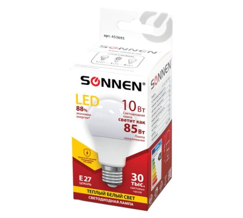 Лампа светодиодная SONNEN, 10 (85) Вт, цоколь Е27, груша, теплый белый свет, 30000 ч, LED A60-10W-2700-E27, 453695
