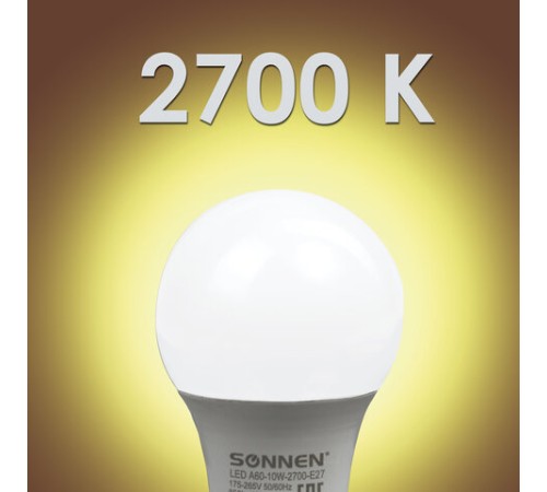 Лампа светодиодная SONNEN, 10 (85) Вт, цоколь Е27, груша, теплый белый свет, 30000 ч, LED A60-10W-2700-E27, 453695