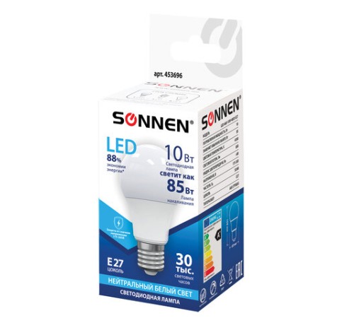 Лампа светодиодная SONNEN, 10 (85) Вт, цоколь Е27, груша, нейтральный белый свет, 30000 ч, LED A60-10W-4000-E27, 453696