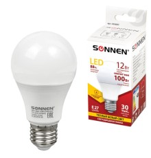Лампа светодиодная SONNEN, 12 (100) Вт, цоколь Е27, груша, теплый белый свет, 30000 ч, LED A60-12W-2700-E27, 453697