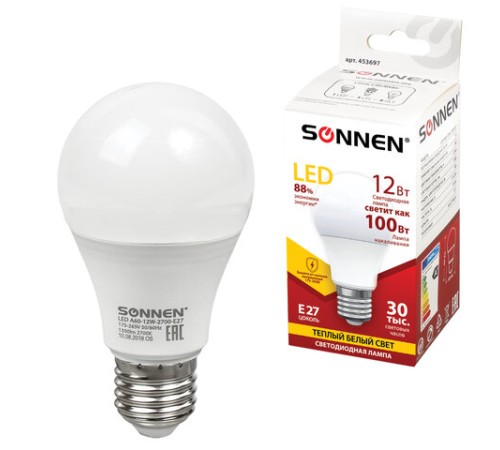 Лампа светодиодная SONNEN, 12 (100) Вт, цоколь Е27, груша, теплый белый свет, 30000 ч, LED A60-12W-2700-E27, 453697