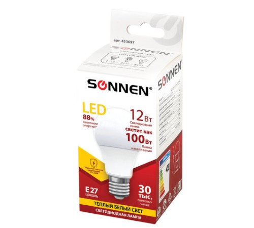 Лампа светодиодная SONNEN, 12 (100) Вт, цоколь Е27, груша, теплый белый свет, 30000 ч, LED A60-12W-2700-E27, 453697