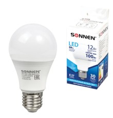 Лампа светодиодная SONNEN, 12 (100) Вт, цоколь Е27, груша, нейтральный белый свет, 30000 ч, LED A60-12W-4000-E27, 453698