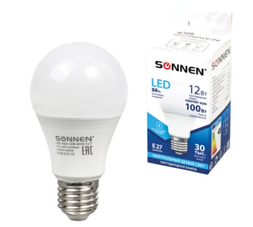 Лампа светодиодная SONNEN, 12 (100) Вт, цоколь Е27, груша, нейтральный белый свет, 30000 ч, LED A60-12W-4000-E27, 453698