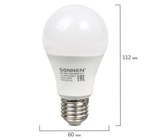 Лампа светодиодная SONNEN, 12 (100) Вт, цоколь Е27, груша, нейтральный белый свет, 30000 ч, LED A60-12W-4000-E27, 453698