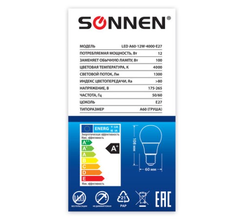 Лампа светодиодная SONNEN, 12 (100) Вт, цоколь Е27, груша, нейтральный белый свет, 30000 ч, LED A60-12W-4000-E27, 453698