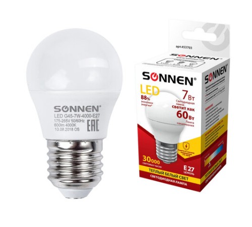 Лампа светодиодная SONNEN, 7 (60) Вт, цоколь E27, шар, теплый белый свет, 30000 ч, LED G45-7W-2700-E27, 453703