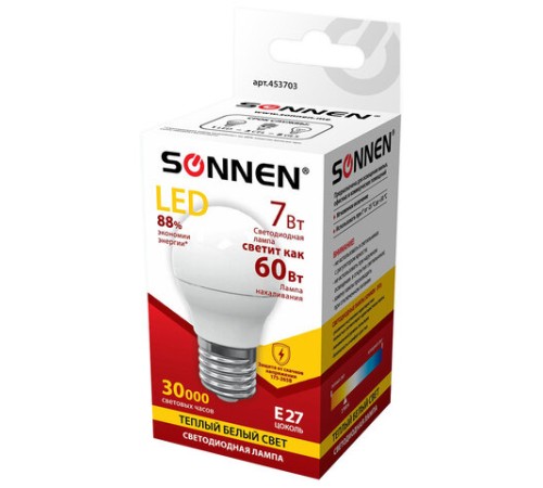 Лампа светодиодная SONNEN, 7 (60) Вт, цоколь E27, шар, теплый белый свет, 30000 ч, LED G45-7W-2700-E27, 453703