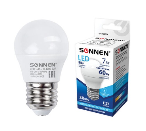 Лампа светодиодная SONNEN, 7 (60) Вт, цоколь E27, шар, нейтральный белый свет, 30000 ч, LED G45-7W-4000-E27, 453704