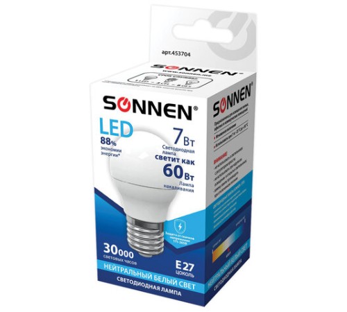 Лампа светодиодная SONNEN, 7 (60) Вт, цоколь E27, шар, нейтральный белый свет, 30000 ч, LED G45-7W-4000-E27, 453704