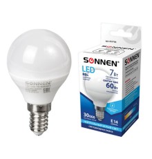 Лампа светодиодная SONNEN, 7 (60) Вт, цоколь Е14, шар, нейтральный белый свет, 30000 ч, LED G45-7W-4000-E14, 453706