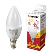 Лампа светодиодная SONNEN, 7 (60) Вт, цоколь Е14, свеча, теплый белый свет, 30000 ч, LED C37-7W-2700-E14, 453711