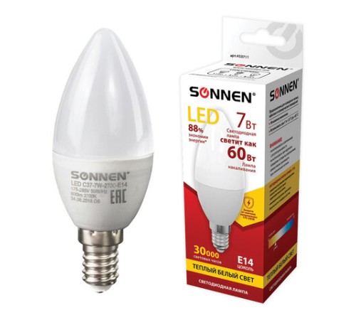 Лампа светодиодная SONNEN, 7 (60) Вт, цоколь Е14, свеча, теплый белый свет, 30000 ч, LED C37-7W-2700-E14, 453711