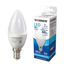 Лампа светодиодная SONNEN, 7 (60) Вт, цоколь Е14, свеча, нейтральный белый свет, 30000 ч, LED C37-7W-4000-E14, 453712