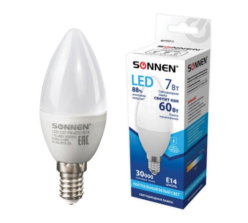 Лампа светодиодная SONNEN, 7 (60) Вт, цоколь Е14, свеча, нейтральный белый свет, 30000 ч, LED C37-7W-4000-E14, 453712