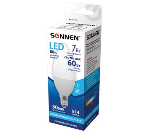 Лампа светодиодная SONNEN, 7 (60) Вт, цоколь Е14, свеча, нейтральный белый свет, 30000 ч, LED C37-7W-4000-E14, 453712