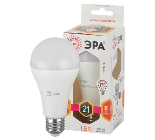 Лампа светодиодная ЭРА STD, 21 (175) Вт, цоколь E27, груша, теплый белый свет, 25000 ч., LED A65-21W-827-E27, Б0035331