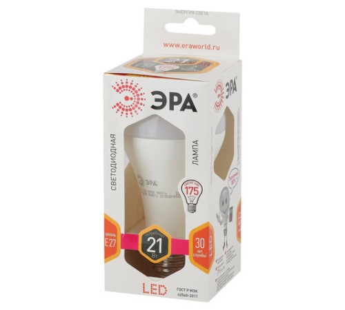 Лампа светодиодная ЭРА STD, 21 (175) Вт, цоколь E27, груша, теплый белый свет, 25000 ч., LED A65-21W-827-E27, Б0035331