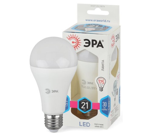 Лампа светодиодная ЭРА STD, 21 (75) Вт, цоколь E27, груша, нейтральный белый свет, 25000 ч., LED A65-21W-840-E27, Б0035332