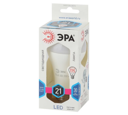 Лампа светодиодная ЭРА STD, 21 (75) Вт, цоколь E27, груша, нейтральный белый свет, 25000 ч., LED A65-21W-840-E27, Б0035332