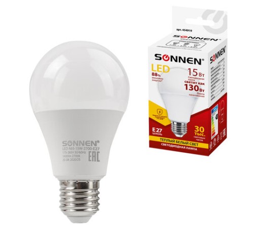 Лампа светодиодная SONNEN, 15 (130) Вт, цоколь Е27, груша, теплый белый, 30000 ч, LED A65-15W-2700-E27, 454919
