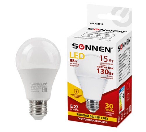 Лампа светодиодная SONNEN, 15 (130) Вт, цоколь Е27, груша, теплый белый, 30000 ч, LED A65-15W-2700-E27, 454919